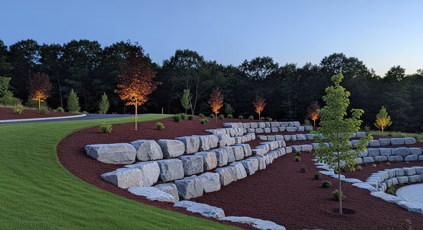 large landscape showcasing a beautiful design and fresh mulch installation. 