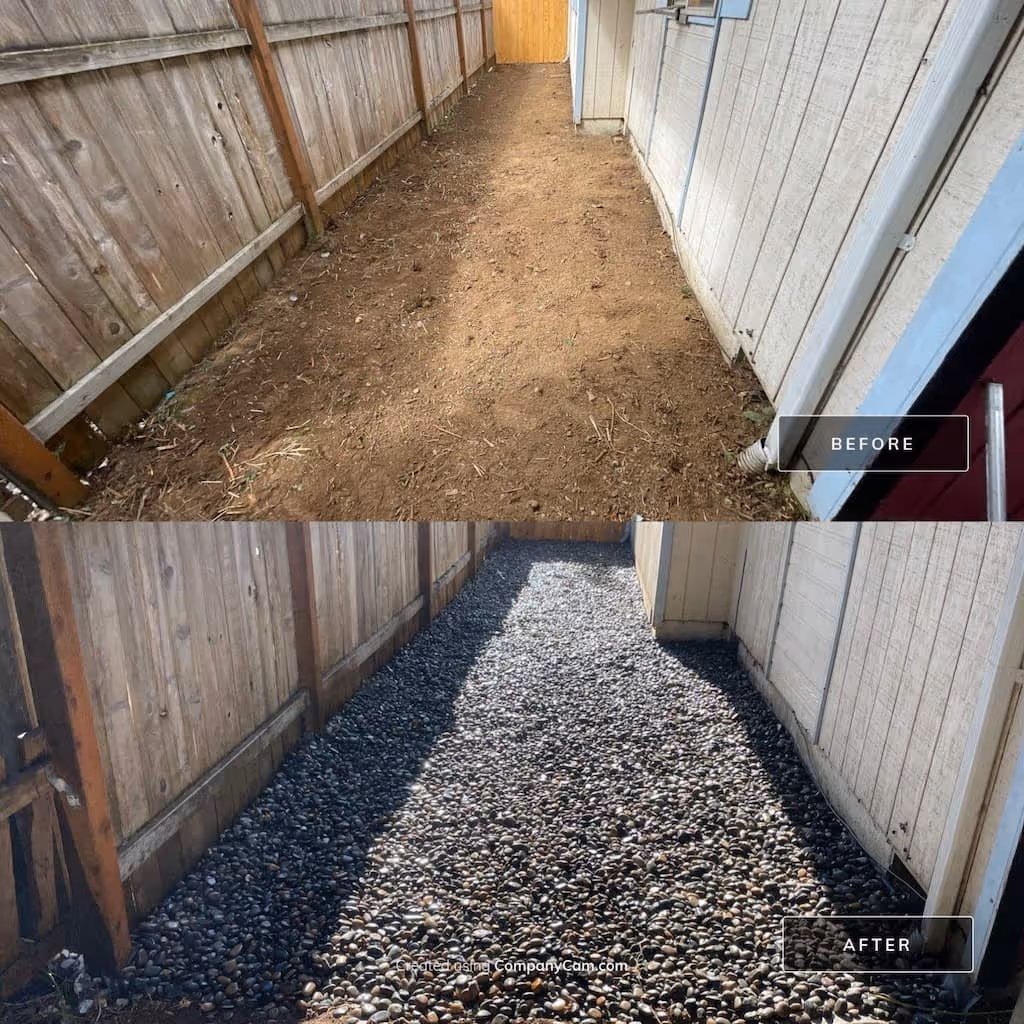 Rock installation along fence for low-maintenance landscape design