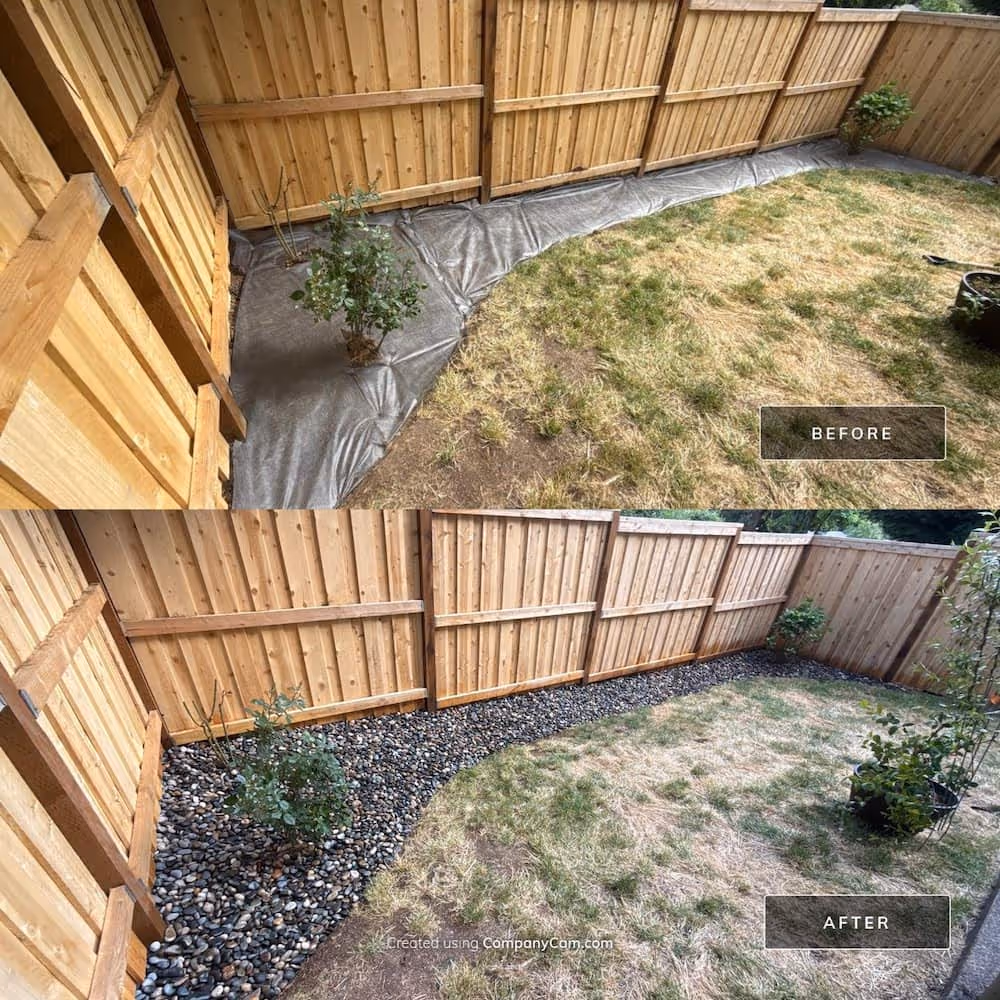 Backyard before and after photos showing river rock installation and updated landscape along fence line