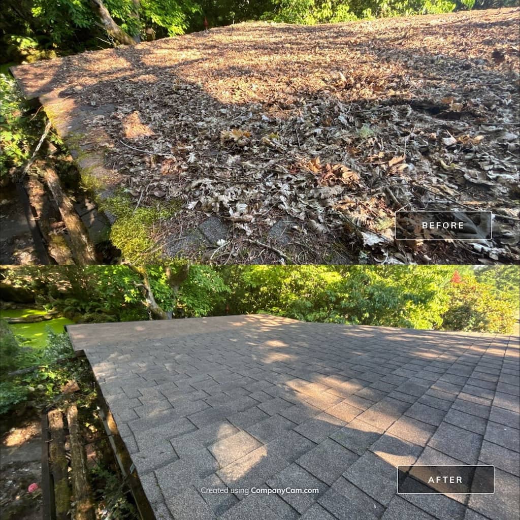 Before and after photos of a Portland roof and gutter cleaning showing heavy debris buildup removed for improved appearance and function.