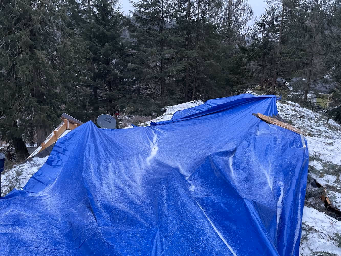Blue tarp covering a residential roof as part of an emergency roof tarping service after storm damage.