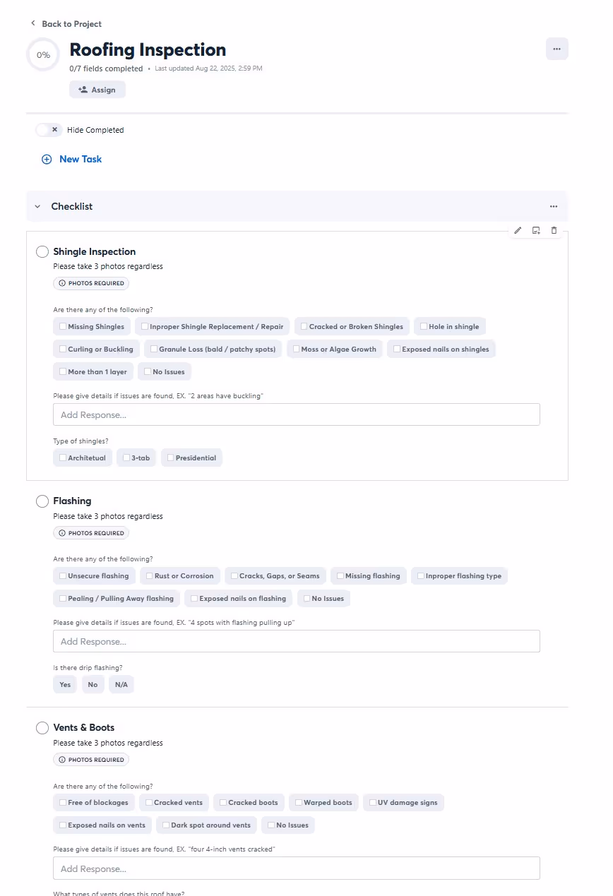 Screenshot of a roof inspection checklist detailing tasks and areas to review during a roof assessment.