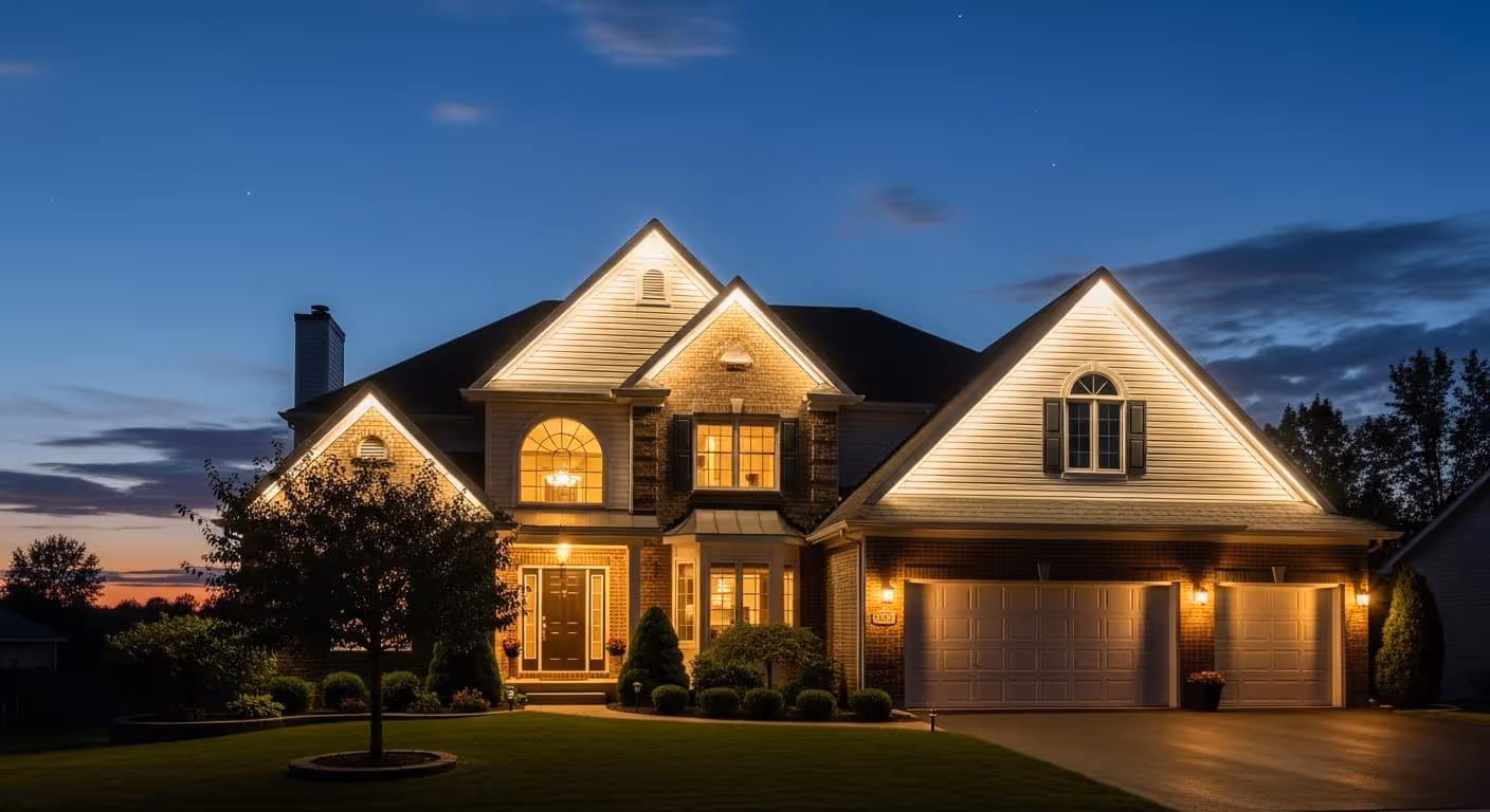 Large modern home with professionally installed permanent low-profile LED track lighting highlighting the roofline and garage, illuminated in warm white at night.