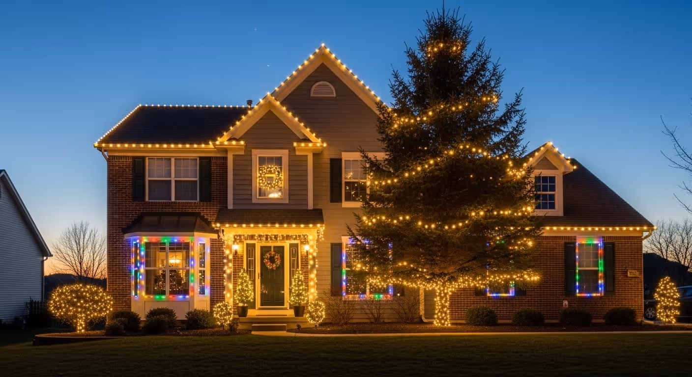 Two-story home decorated with customer-supplied Christmas lights in warm and multicolor strands along the roofline, windows, and tree in the front yard at dusk.