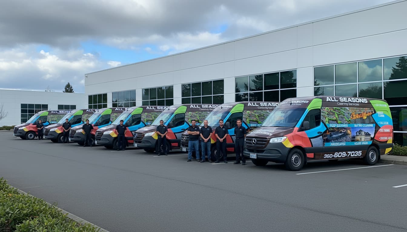 Fleet of All Seasons Cleaning Services vans parked in front of the company building in Vancouver WA, showcasing professional exterior home maintenance, roof cleaning, gutter installation, pressure washing, and landscaping services.