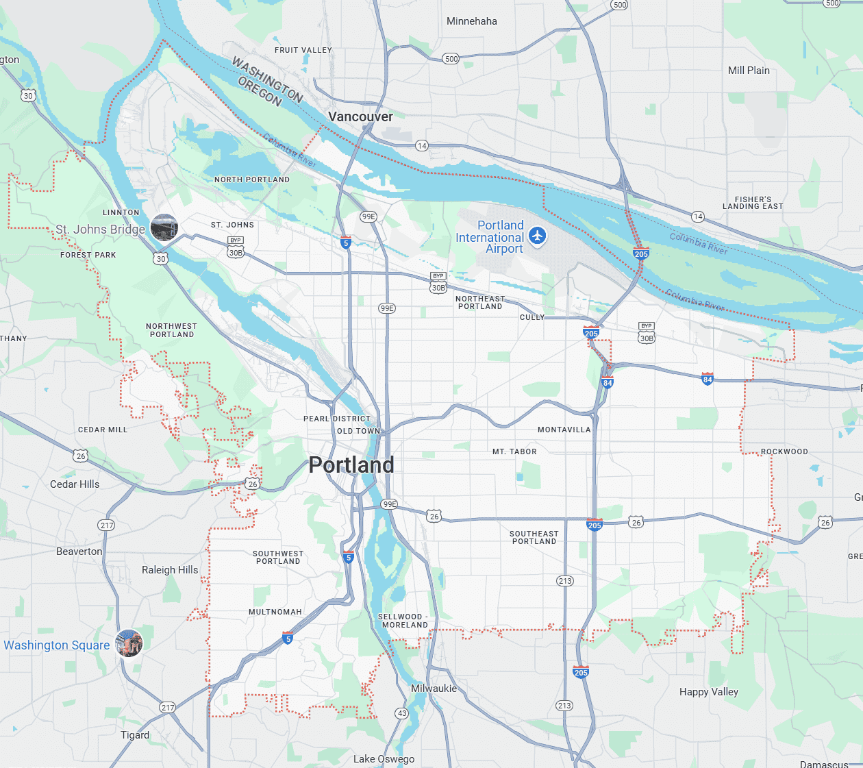 Service Area Roofing Portland, OR Map View 