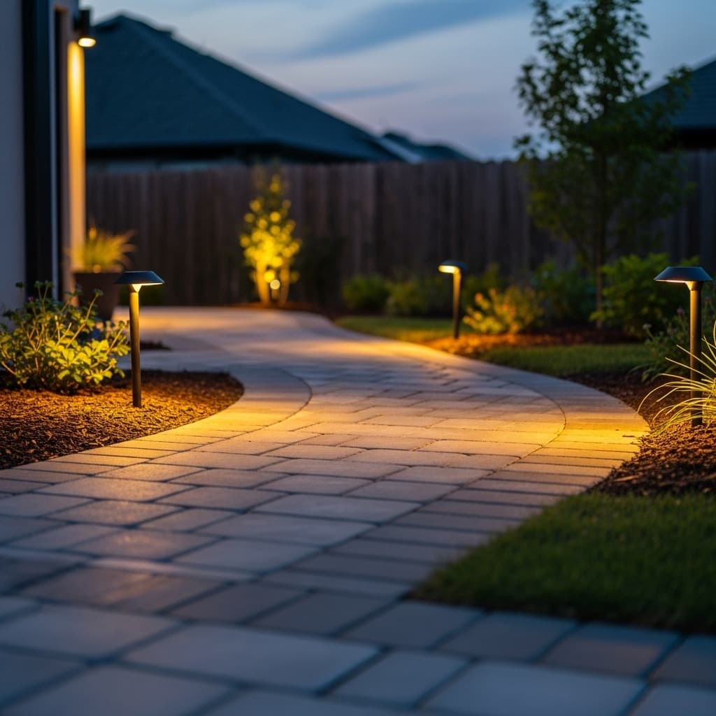 Curved paver walkway with soft landscape lighting at dusk, surrounded by mulch beds and neatly trimmed shrubs, showcasing professional hardscaping services in a residential backyard.