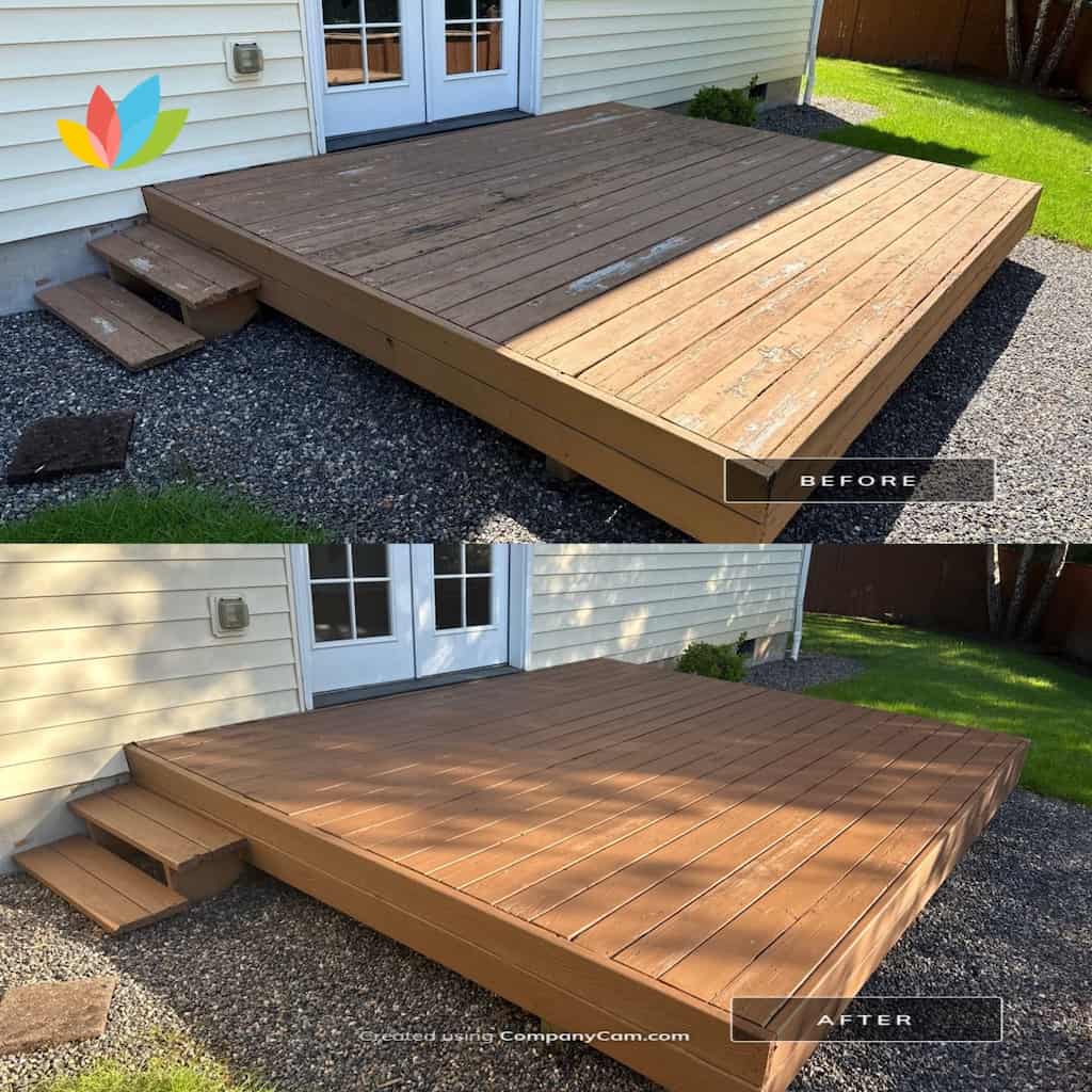 Before-and-after images of a wooden deck repainting project. The 'Before' image shows worn and dirty boards with peeling paint and visible stains. The 'After' image displays freshly painted deck with a clean, smooth, and uniform finish, enhancing the overall appearance of the entryway.