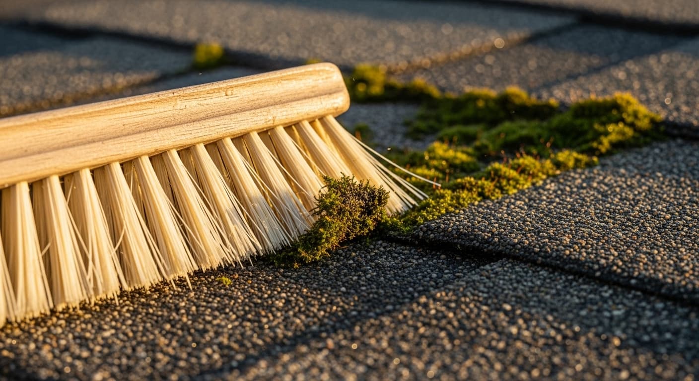 Soft-bristle brush gently removing moss from asphalt shingles during roof cleaning.