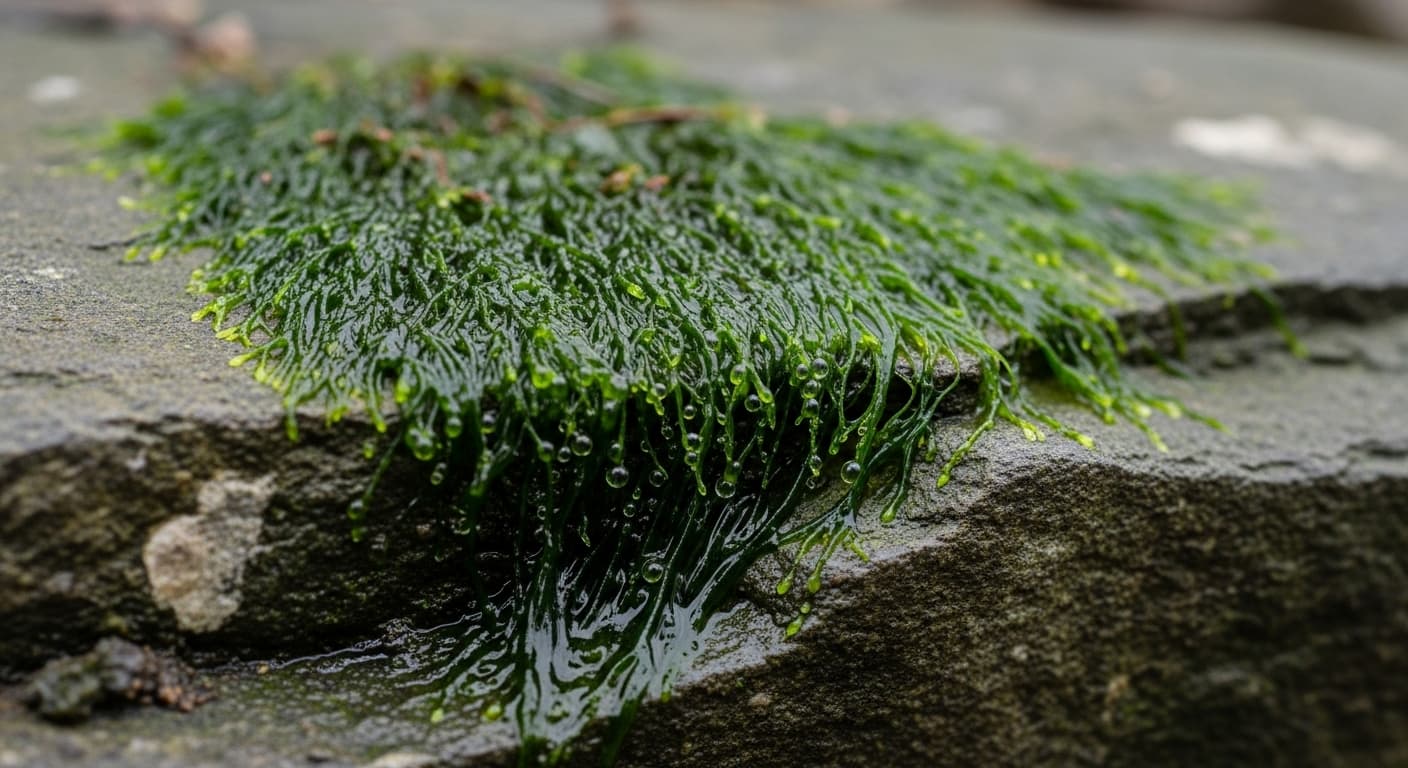 Slimy green algae spreading in strands across a wet concrete surface, illustrating its moisture-dependent growth and smooth texture.