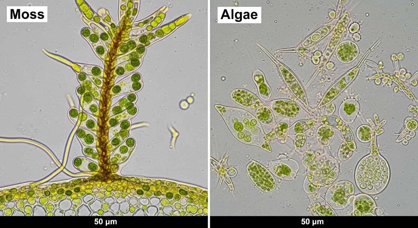 Side-by-side microscopic comparison of moss and algae cells at 50 micrometers, highlighting moss’s plant structure and algae’s individual cell formations.