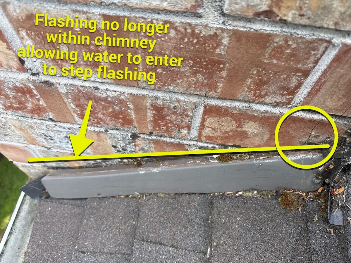 Close-up of roof-to-wall flashing pulling away from the brick siding, leaving a visible gap that home inspectors would flag as a potential water intrusion risk