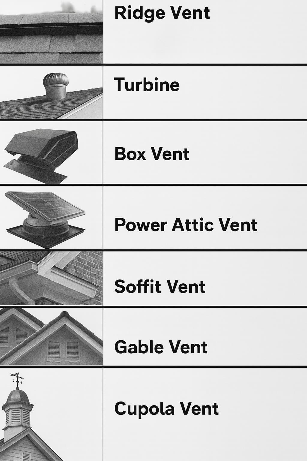Black and white infographic showing seven types of roof vents in a vertical layout. From top to bottom: Ridge Vent, Turbine, Box Vent, Power Attic Vent, Soffit Vent, Gable Vent, and Cupola Vent, each with a corresponding photo and label separated by divider lines.