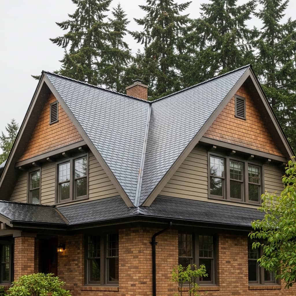 Two-story home with a gray gable roof and cedar shingle accents, surrounded by tall evergreen trees in the Pacific Northwest.