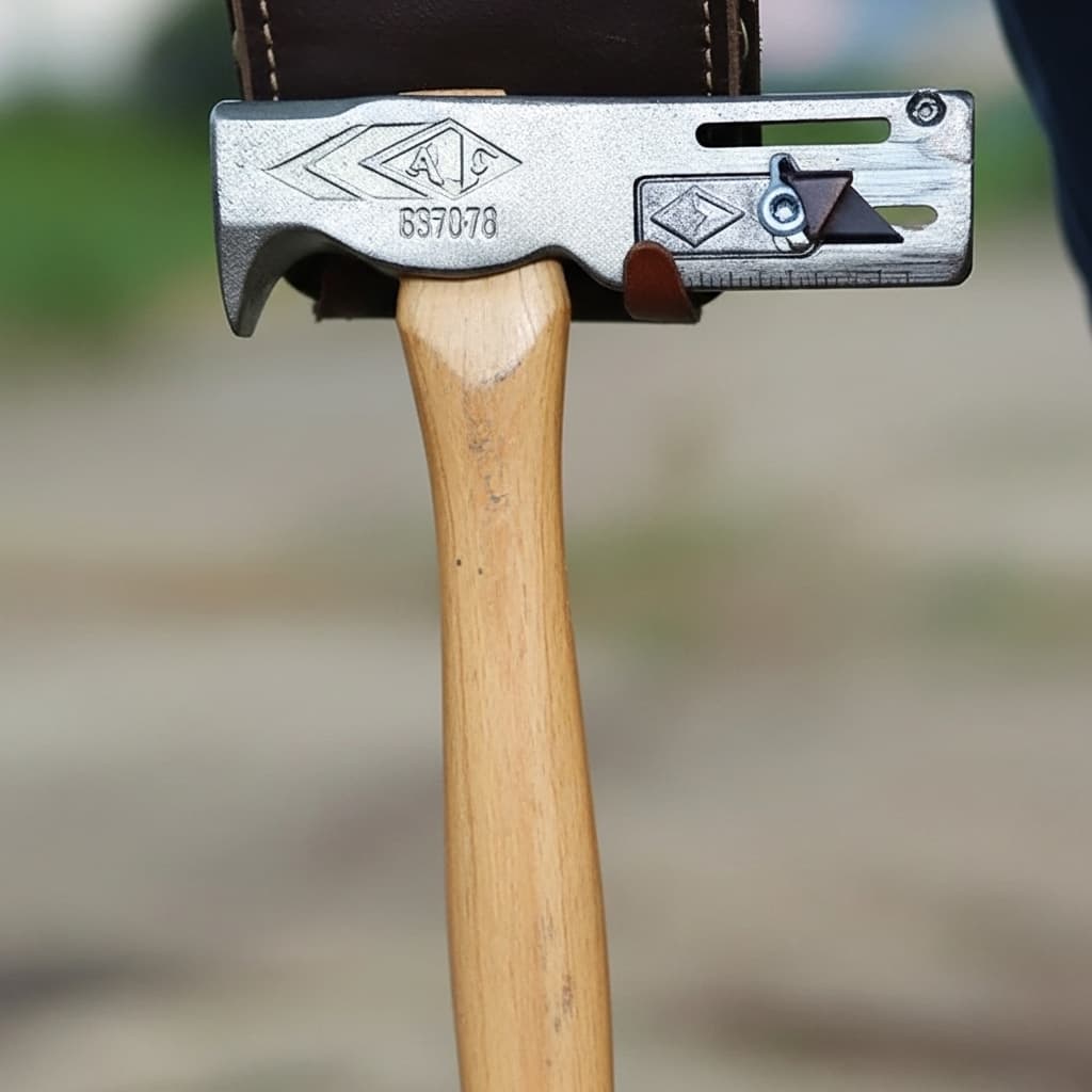 Close-up of a shingling hammer with a wooden handle, designed for roofing work and precise shingle installation