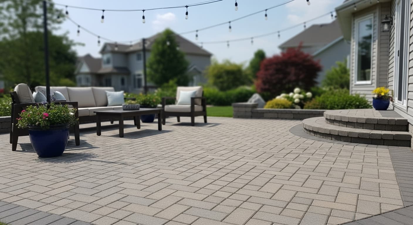 Beautiful paver patio with outdoor furniture, showcasing durability and enhanced curb appeal for homeowners.