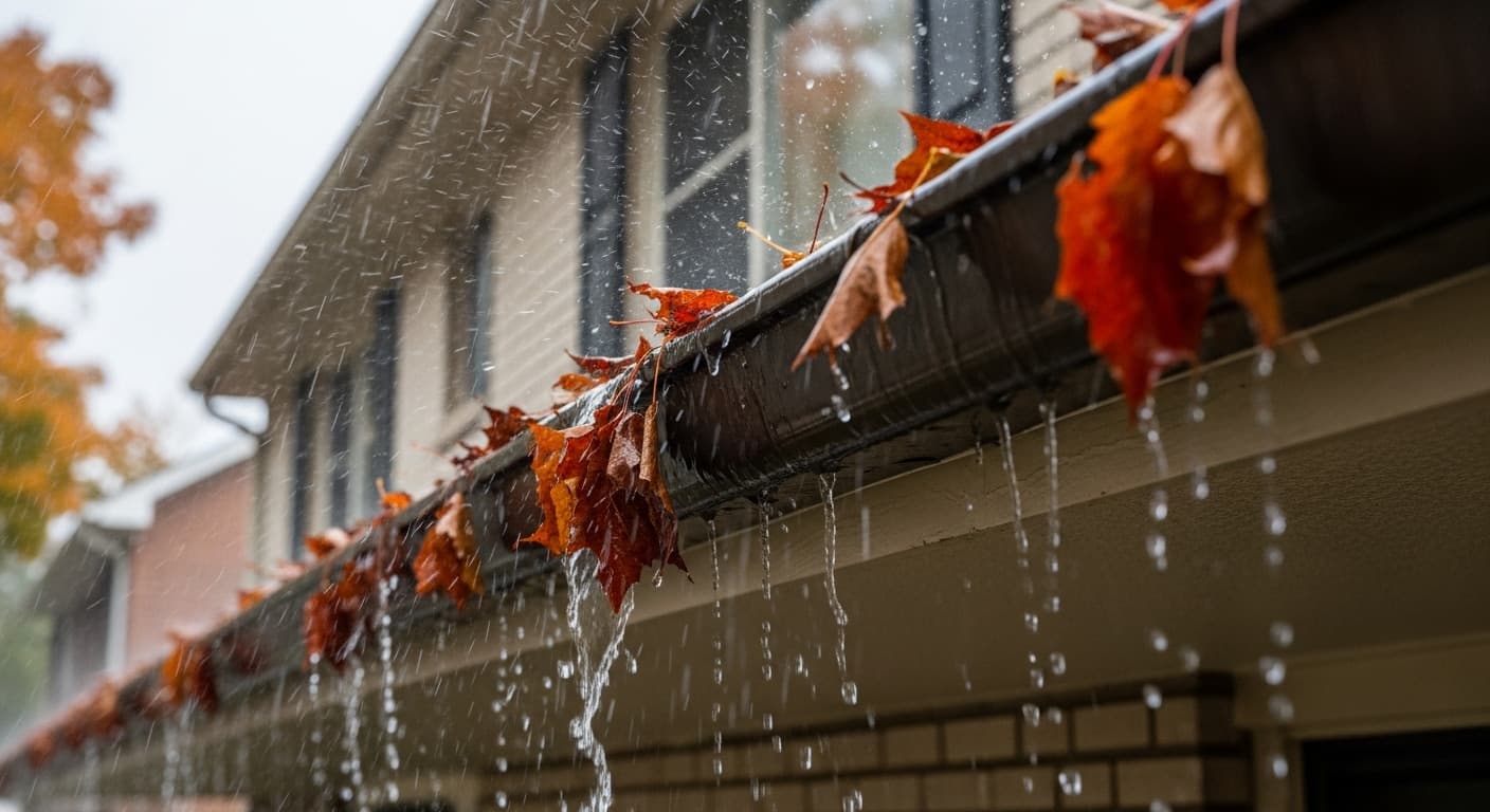 Gutter overflowing during heavy rain on residential home