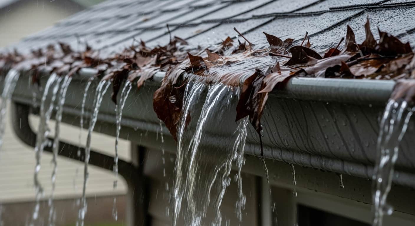 Gutter overflowing during heavy rain on residential home