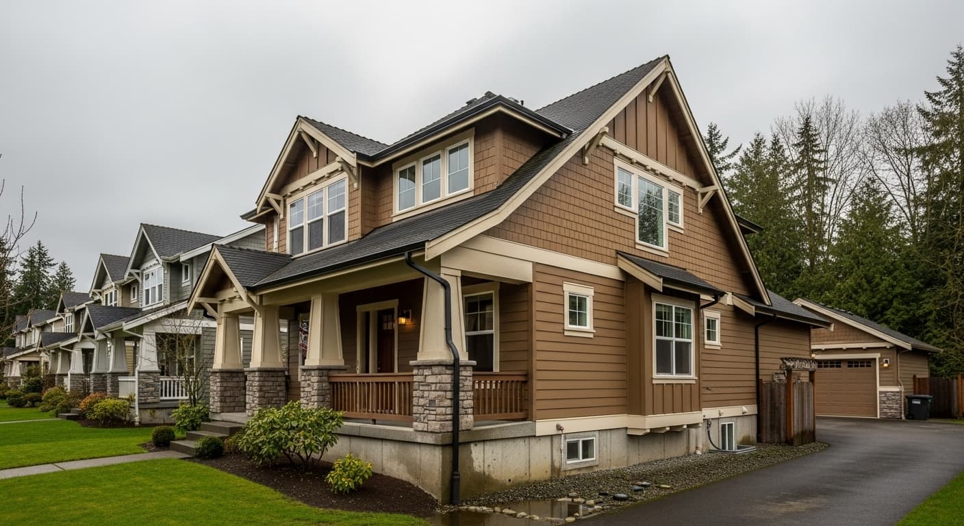 Clogged gutters overflowing with rainwater pooling around home foundation in Vancouver WA