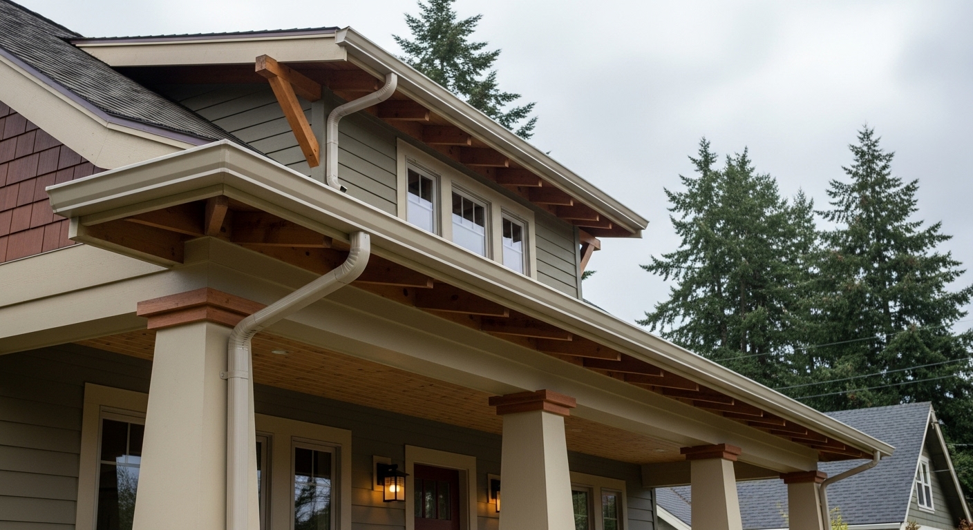 comparison of gutter materials showing different types. Aluminum, copper, and vinyl gutter sections side by side. Detail of gutter quality and construction.
