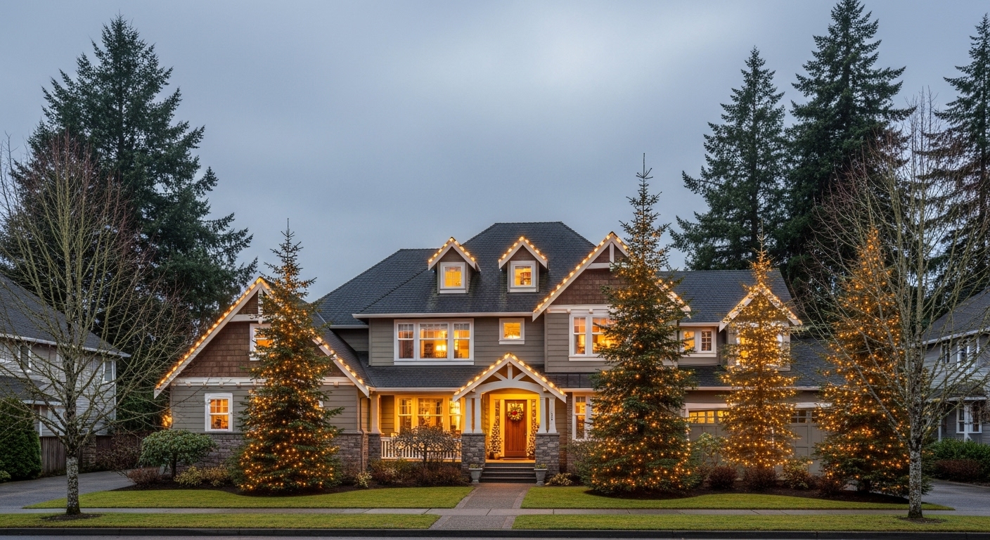 Professional C9 Christmas light installation detail on Vancouver WA home