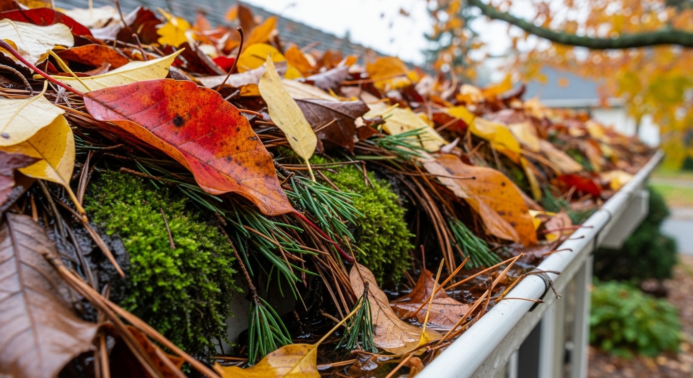 Fall gutter debris in Vancouver WA needing pre-winter cleaning