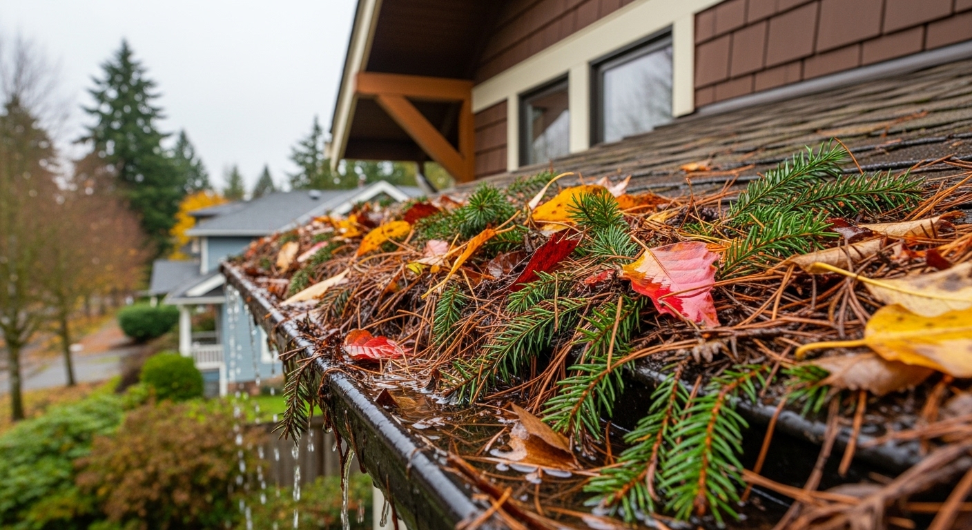 Fall gutter debris in Vancouver WA needing pre-winter cleaning