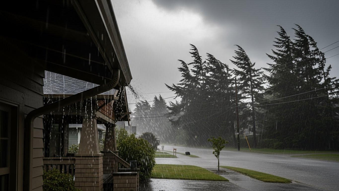 Vancouver WA home during December 2025 atmospheric river with heavy rainfall on roof and gutters
