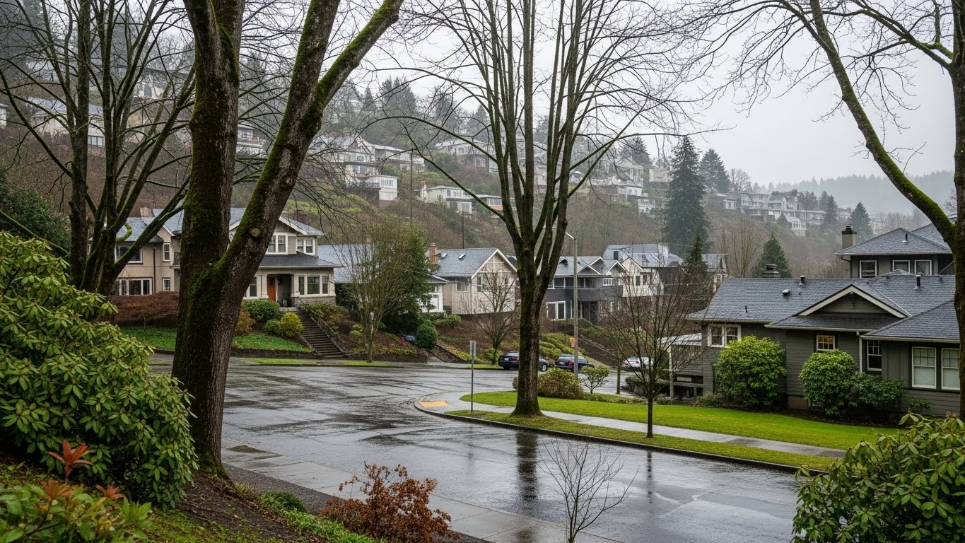 Portland OR hillside neighborhood with saturated soil conditions in December 2025
