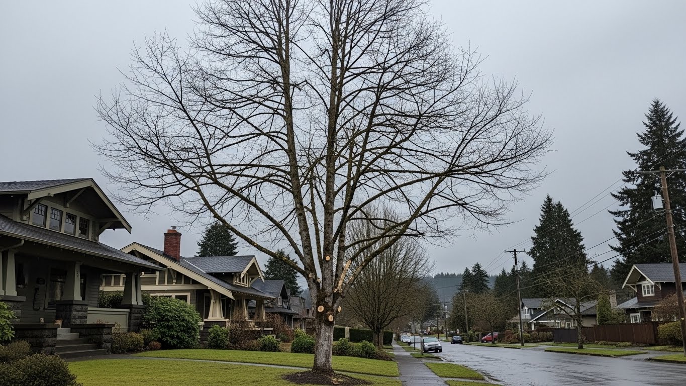 Bare deciduous tree ready for January pruning in a Portland OR neighborhood
