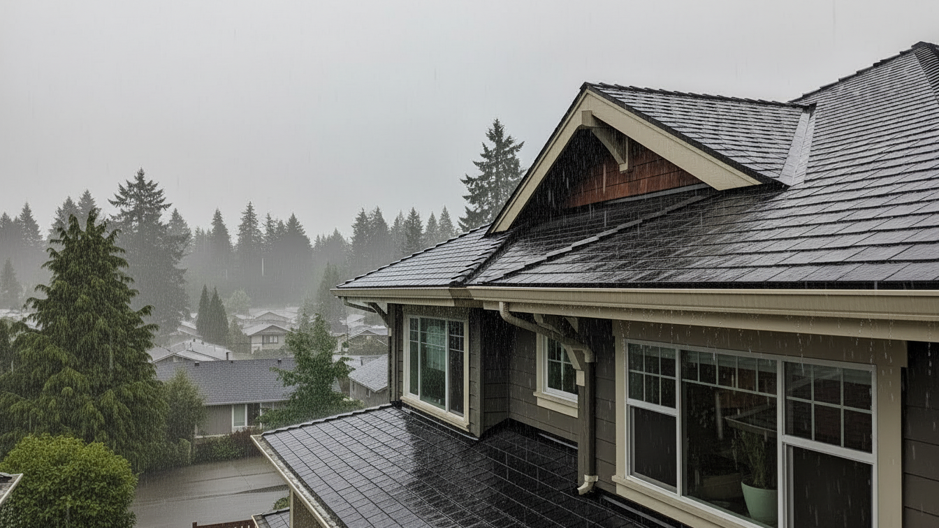 Heavy rainwater flowing off Vancouver WA residential roof during January storm
