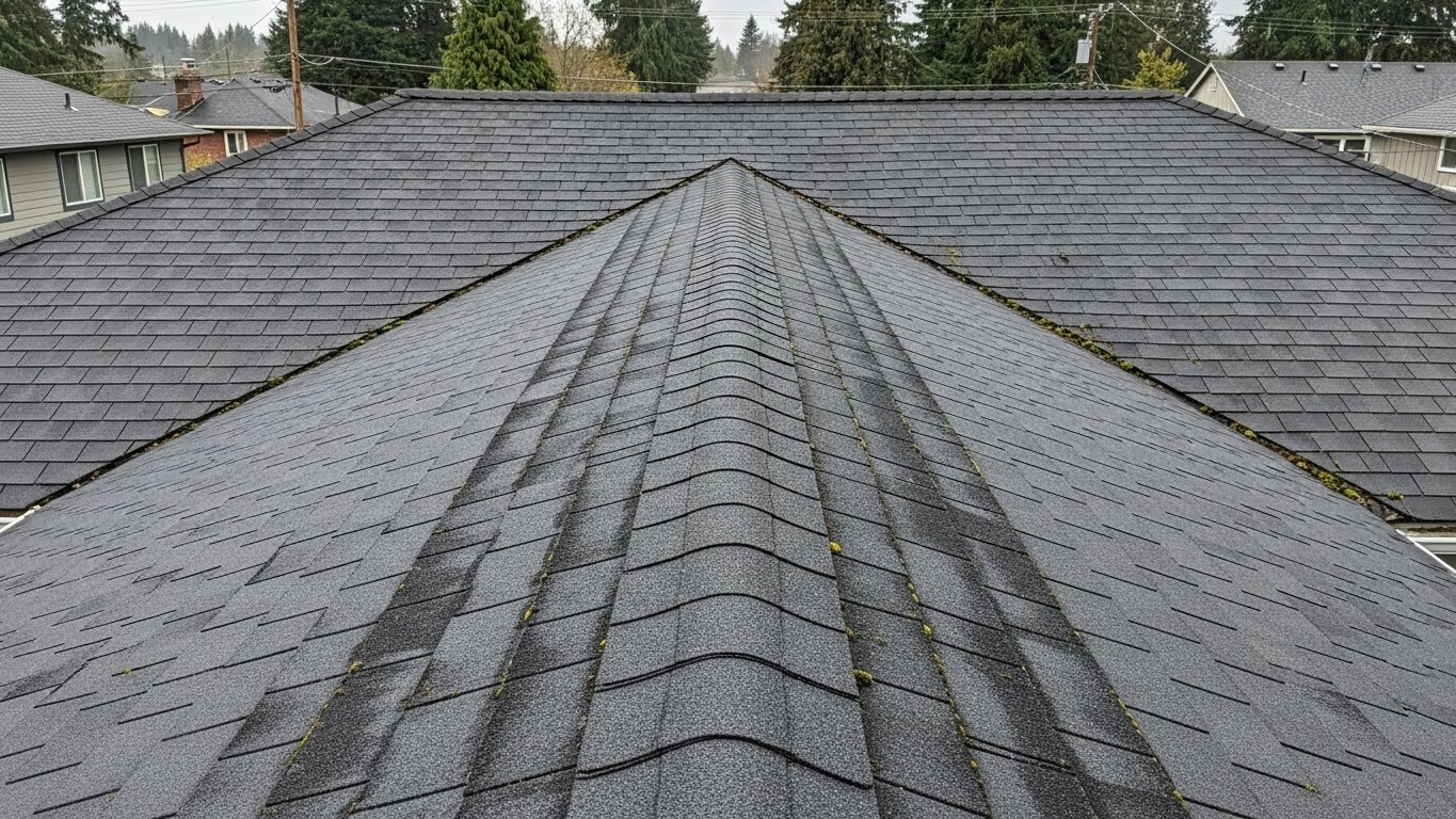 Black algae streaks on asphalt shingles on Portland OR residential roof