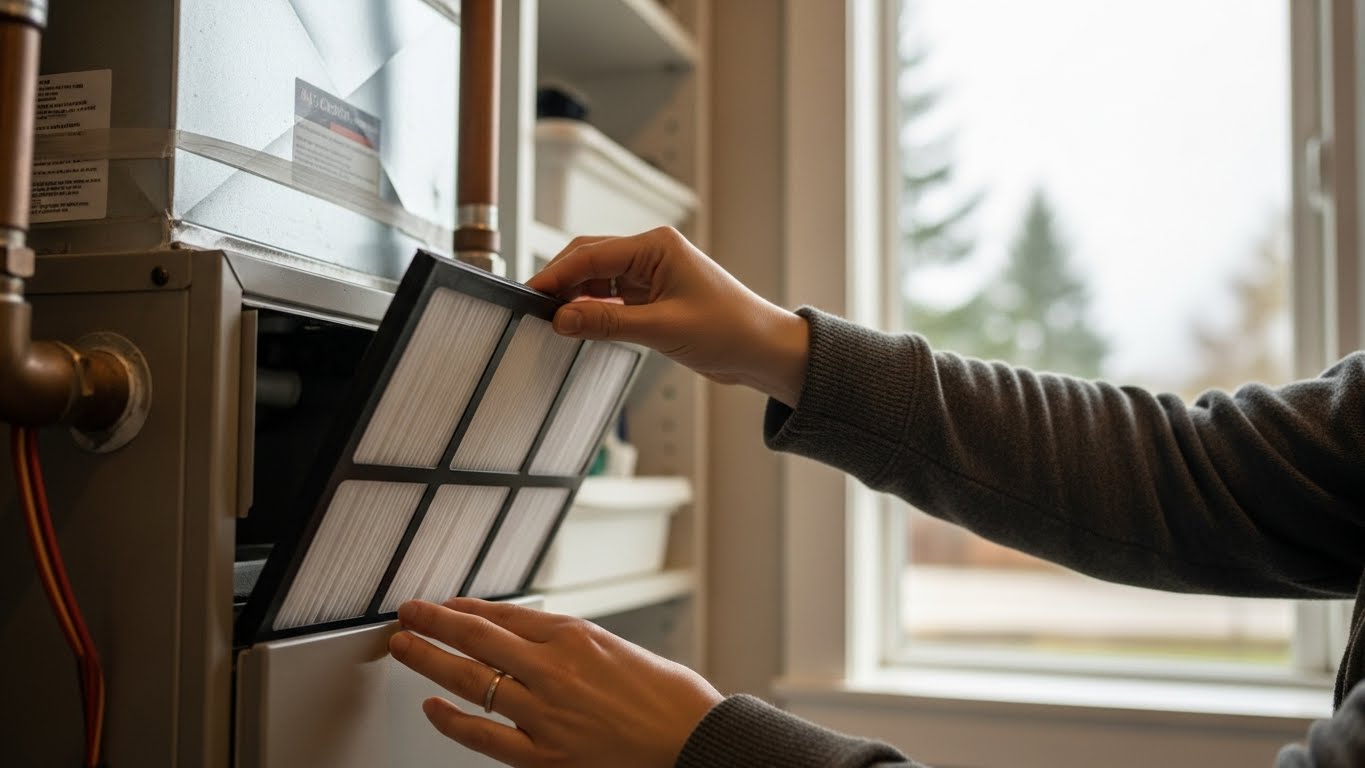  Changing HVAC filter during winter weekend home maintenance in Portland