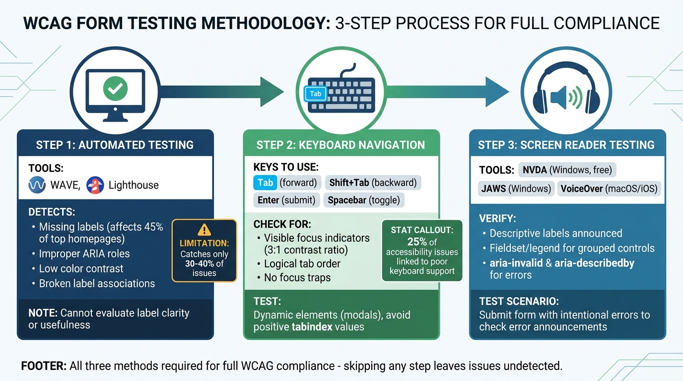 3-Step WCAG Form Testing Process: Automated Tools, Keyboard Navigation, and Screen Readers