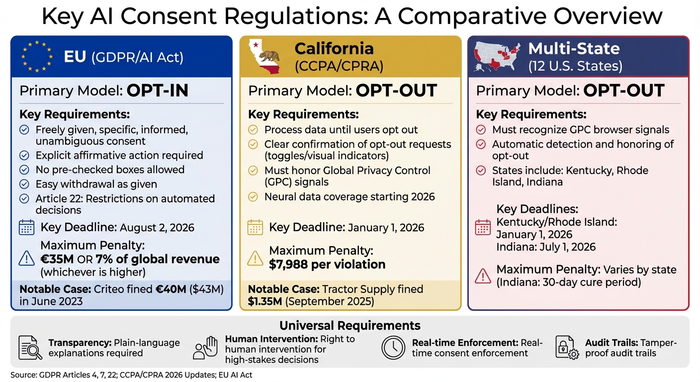 AI Consent Management Regulations Comparison: GDPR, CCPA, and EU AI Act Requirements