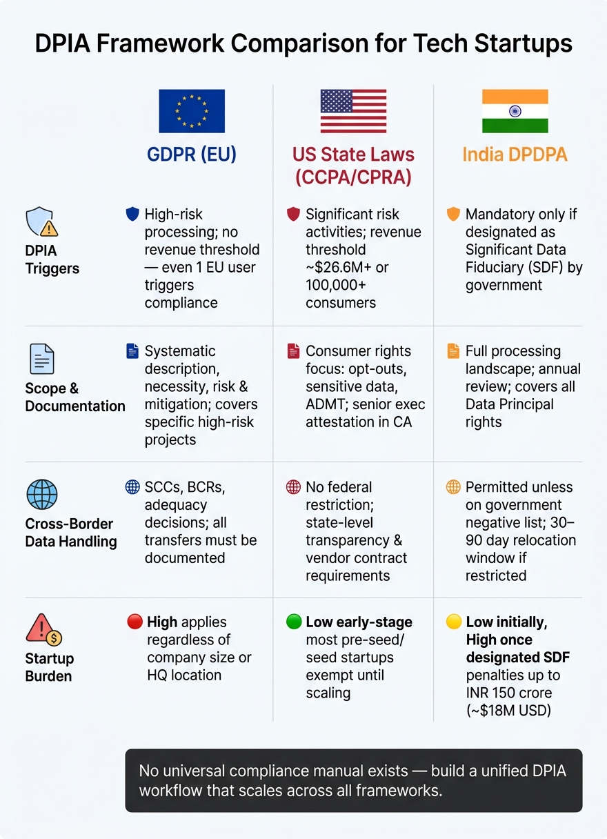 GDPR vs US State Laws vs India DPDPA: DPIA Requirements for Tech Startups
