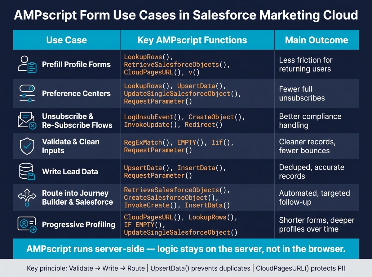 AMPscript Form Use Cases: Functions, Data Sources & Outcomes