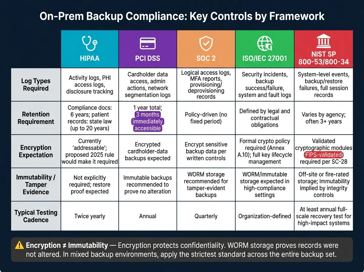 On-Prem Backup Compliance: HIPAA vs PCI DSS vs SOC 2 vs ISO 27001 vs NIST