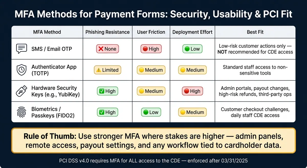 MFA Methods for Payment Forms: Security vs. Usability vs. PCI Fit