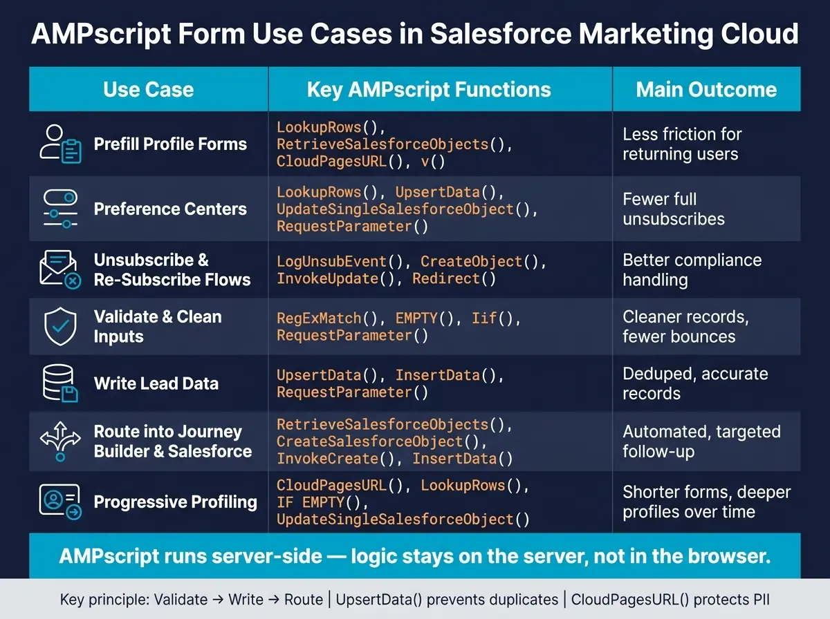AMPscript Form Use Cases: Functions, Data Sources & Outcomes