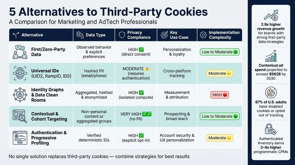 5 Third-Party Cookie Alternatives: Privacy, Complexity & Use Cases Compared
