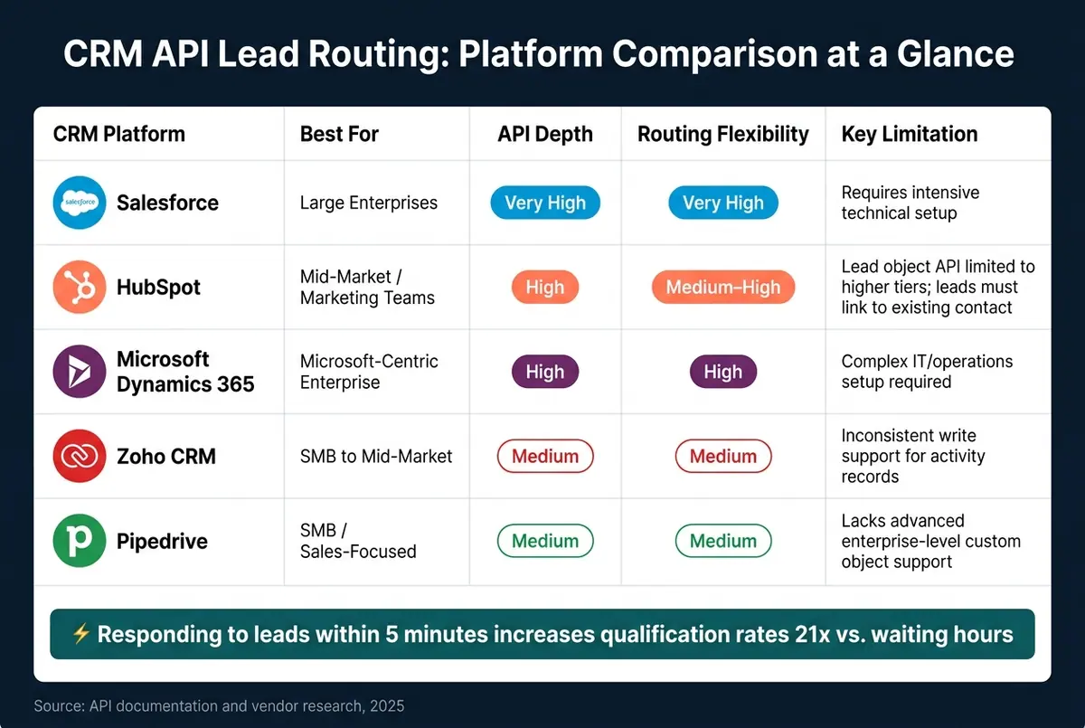CRM API Lead Routing Comparison: Salesforce vs HubSpot vs Dynamics 365 vs Zoho vs Pipedrive