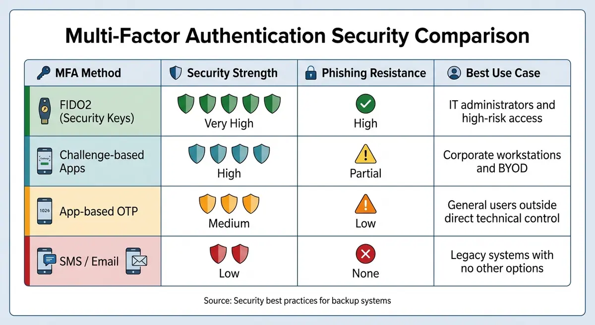MFA Security Methods Comparison for Backup Systems