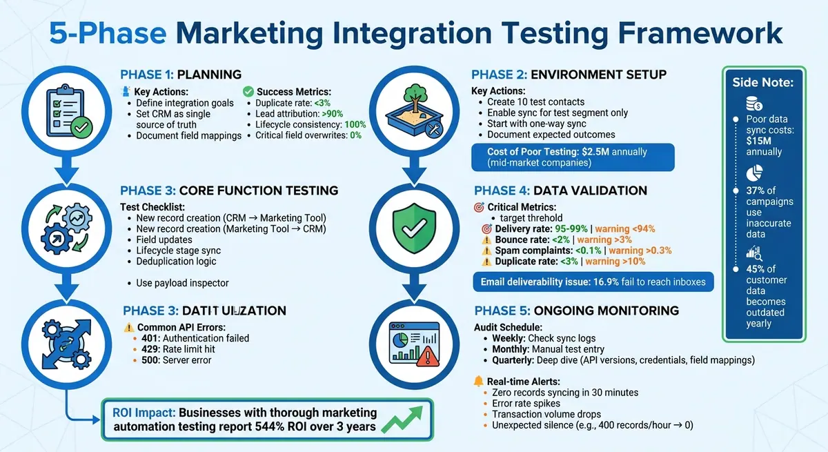 5-Phase Marketing Integration Testing Framework with Key Metrics
