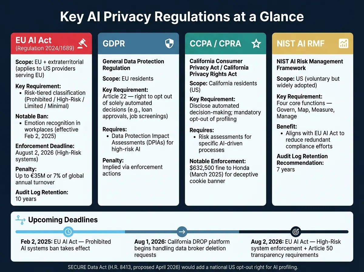 AI Privacy Regulations Compared: EU AI Act vs GDPR vs CCPA vs NIST RMF