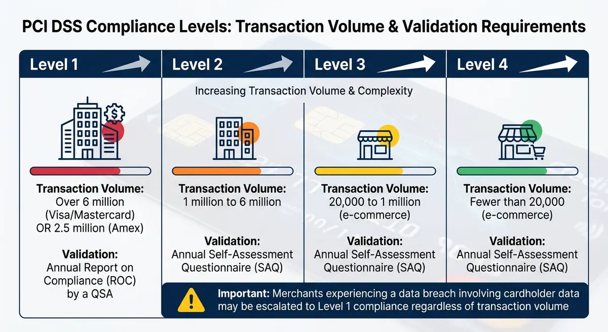 PCI DSS Compliance Levels by Transaction Volume and Validation Requirements