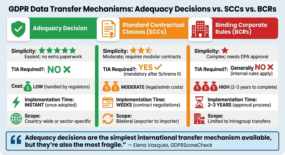 GDPR Data Transfer Mechanisms Comparison: Adequacy Decisions vs SCCs vs BCRs