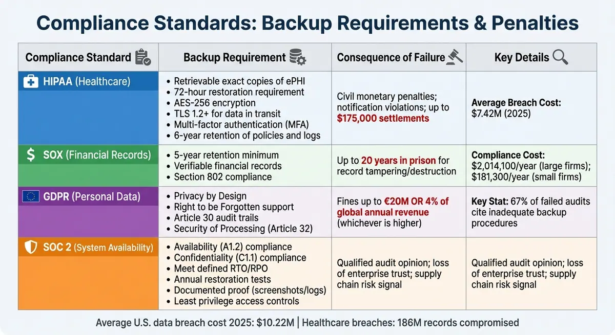 Compliance Standards Backup Requirements and Penalties Comparison