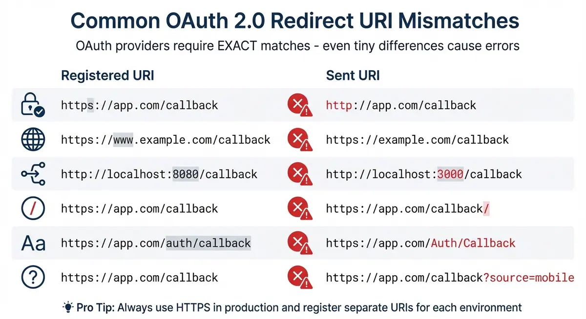 Common OAuth 2.0 Redirect URI Mismatch Types and Examples