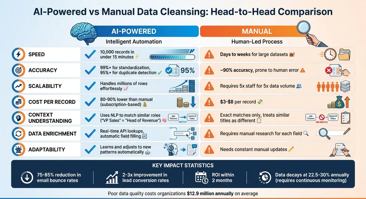 AI vs Manual Data Cleansing: Speed, Accuracy, and Cost Comparison